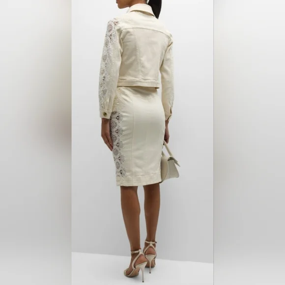 $465 Ramy Brook Women's LENNOX Denim & Lace Midi Skirt In Ivory Size 6 $395 HTF